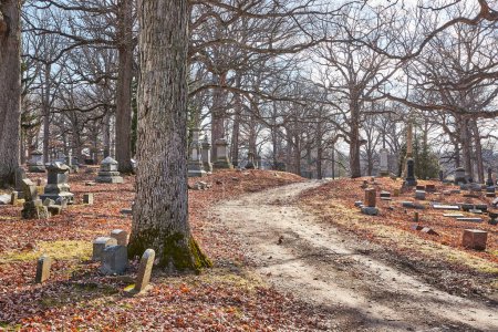Peaceful autumn scene in Lindenwood Cemetery, Fort Wayne, Indiana, with a winding path lined with historic gravestones and fallen leaves.