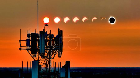 Fases totales de eclipse solar en medio de un cielo al atardecer sobre Spiceland, Indiana, destacando el contraste entre el espectáculo de la naturaleza y una torre de comunicaciones imponente.