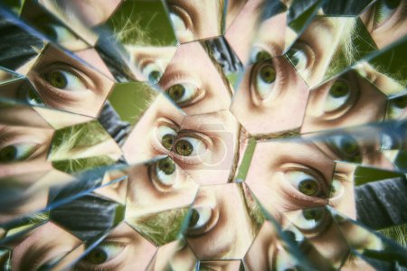 Ojo humano en un espejo caleidoscópico: reflexiones intrincadas que evocan introspección y percepción