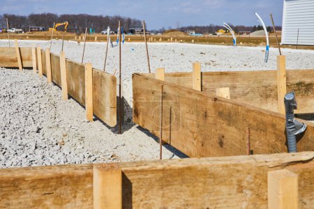 Téléchargez les photos : Travaux préparatoires en cours sur le site de construction de Fort Wayne, Indiana - coffrage en bois, barres d'armature et construction résidentielle future - en image libre de droit