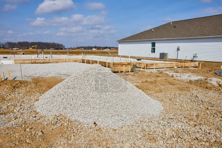 Early stage residential construction in Fort Wayne, Indiana, showcasing foundations, gravel base, and a neighboring completed home