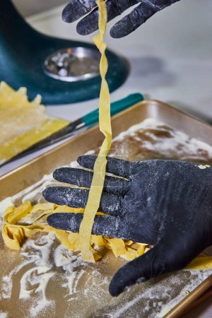 Professioneller Koch in Fort Wayne, Indiana, bereitet in einer gewerblichen Küche frische hausgemachte Fettuccine-Pasta zu