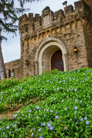Springtime at the Bishop Simon Brute College in Indiana, showcasing a historic gothic castle entrance amid a bloom of periwinkle flowers