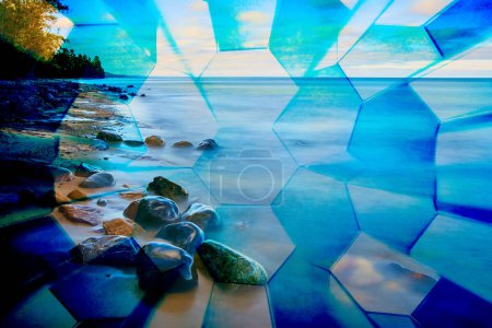 Kaleidoscopic Michigan beach at blue hour, merging tranquility of nature with digital art abstraction