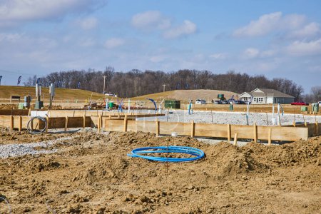 Baustelle in der Frühphase in Fort Wayne, Indiana, mit Vorarbeiten, zukünftiger Hausgründung und dynamischer Vorortentwicklung bei klarem Himmel.