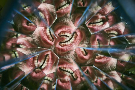 Kaleidoskopisches Lächeln: Eine faszinierende Mischung aus menschlicher Mimik, Zähnen und Gesichtsdetails verwandelt sich in Fort Wayne, Indiana, in ein florales Muster des Glücks.