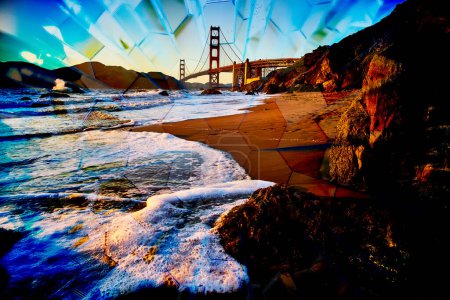 Abstract Golden Hour at Golden Gate Bridge - An artistic shattered glass effect over a serene beachfront view of San Francisco iconic landmark.
