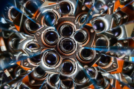 Kaleidoscope view of vintage camera lenses, a stunning optical illusion with nostalgic charm from Indiana, USA