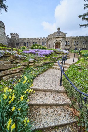 Printemps à Bishop Simon Brute College, Indiana - des fleurs vibrantes encadrent l'entrée du château historique en pierre, symbolisant le renouveau et le patrimoine.