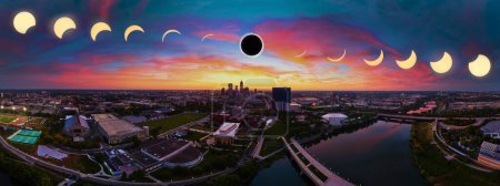 Solar Eclipse Over Indianapolis Skyline - Rare Aerial Panorama Capturing Natures Majestic Dance with Urban Sprawl, April 2024.