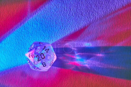 Vibrant macro shot of a translucent D20 die, evoking mystery and chance in a rainbow of lights, Fort Wayne, Indiana.