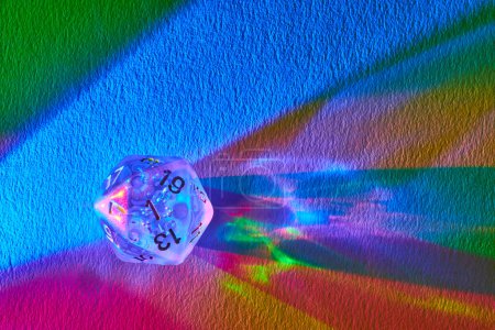 Prismatic D20 dice on a vibrant abstract canvas, reflecting the magic of tabletop gaming in Fort Wayne, Indiana
