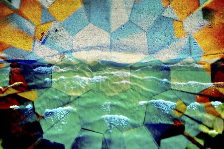 Abstract coastal kaleidoscope - vibrant aerial view of a Chicago beach, where sea meets sand in a surreal, sunlit mosaic.