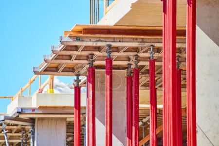 Vibrant red columns and wooden beams under a clear blue sky at a bustling Fort Wayne construction site.