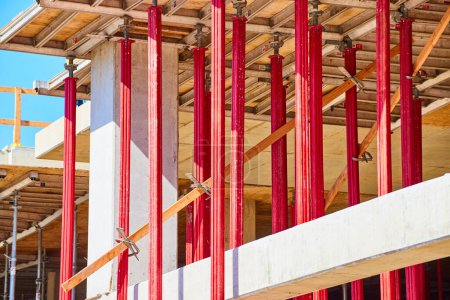 Photo for Vibrant red columns support a bustling construction site in downtown Fort Wayne, showcasing urban development. - Royalty Free Image