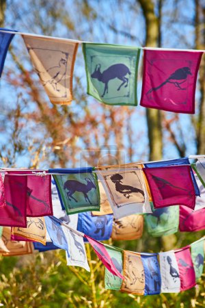 Colorful prayer flags with animal silhouettes flutter at Fort Wayne Zoo, symbolizing peace and nature.