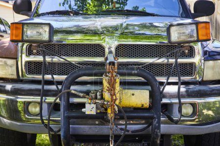Téléchargez les photos : Camionnette vintage avec treuil hydraulique à Fort Wayne, parfaite pour les tâches exigeantes sur des terrains accidentés. - en image libre de droit