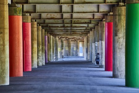 Bunte Säulen unter einer grauen Überführung in der Innenstadt von Fort Wayne, die Stadterneuerung und Kreativität widerspiegeln.