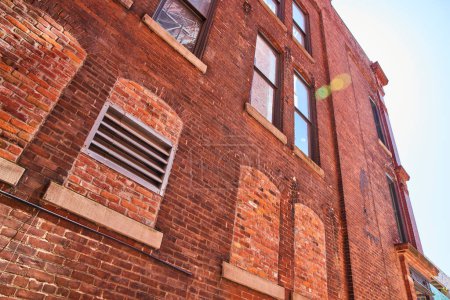 Foto de Fachada de ladrillo vintage iluminada por el sol en el centro de Fort Wayne, destacando la arquitectura urbana y el encanto histórico. - Imagen libre de derechos