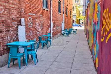 Téléchargez les photos : Allée animée au centre-ville de Fort Wayne avec murale colorée et sièges de café turquoise, mettant en valeur la rénovation urbaine. - en image libre de droit