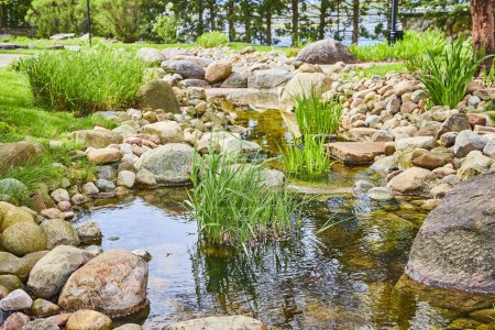 Serene man-made stream in Warsaw Biblical Gardens, Indiana, surrounded by lush greenery and textured rocks.