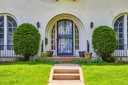 Elegant suburban home entrance in Fort Wayne with manicured garden and classic white brickwork.