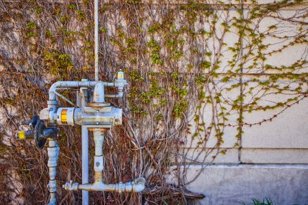 Urban resilience: Industrial gas meters juxtaposed with creeping vines on a concrete wall in Fort Wayne.