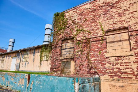 Photo for Sunlit abandoned industrial building in Warsaw, Indiana, with ivy-clad brick walls and rusted vents. - Royalty Free Image