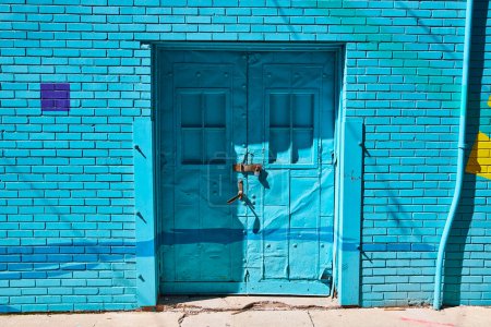 Téléchargez les photos : Les portes turquoise vieillies avec rouille et graffiti au centre-ville de Fort Wayne évoquent la décadence urbaine et l'histoire. - en image libre de droit