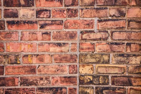 Close-up of a textured brick wall in Fort Wayne, displaying vivid colors and signs of aging, ideal for diverse creative projects.
