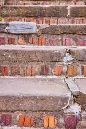 Weathered brick steps in Huntingtons Sunken Gardens showcase times mark with moss and dirt. Deep reds to faded browns reveal the historical charm and resilience of urban architecture.