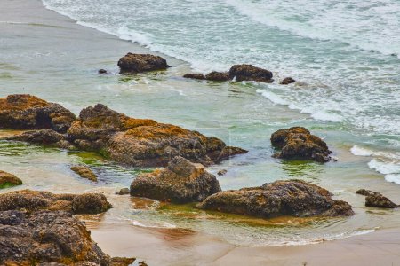 Heitere Küstenlandschaft am Cannon Beach, Ecola State Park, Oregon. Schroffe bemooste Felsen, Sandstrand und sanfte Wellen unter sanftem Licht schaffen eine ruhige und natürliche Landschaft, perfekt für Reisen und