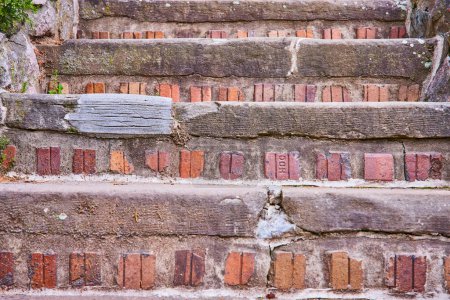 Close-up of an old brick staircase in Huntingtons Sunken Gardens, Indiana. Showcasing weathered bricks from 1940, this historical architectural detail is perfect for themes of history, craftsmanship