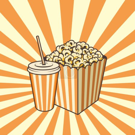 Illustration for Karton kutu iinde popcorn ve pipetli bardak sar tonlarnda retro tasarm. - Royalty Free Image