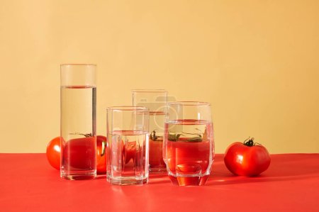 Foto de Se colocan vasos transparentes de agua frente a jugosos tomates rojos sobre un fondo rojo y beige. Los tomates son vegetales que aportan muchas vitaminas necesarias para el cuerpo.. - Imagen libre de derechos