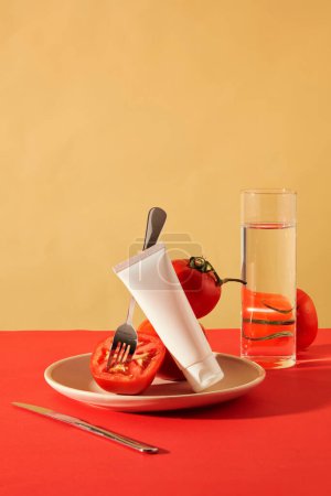 Téléchargez les photos : Une fourchette métallique est collée dans une tomate placée à côté d'un tube cosmétique non étiqueté sur une plaque en céramique. Espace de copie pour la publicité cosmétique naturelle avec extrait de tomate. - en image libre de droit