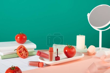 Téléchargez les photos : Des rouges à lèvres non étiquetés sont placés sur une table avec des tomates fraîches et des accessoires sur un fond vert. Maquette pour la publicité cosmétique. Stimulation visuelle par la couleur rouge dodue des tomates. - en image libre de droit