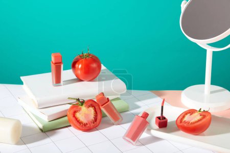 Photo for Unmarked lipsticks arranged on a table with fresh tomatoes and props against a turquoise background-perfect for cosmetic ads. The vivid red of the tomatoes adds visual allure to the scene. - Royalty Free Image