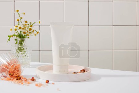 Téléchargez les photos : Tube d'étiquette vierge de couleur blanche décoré d'un pot de fleurs de marguerite. Certaines personnes croient que le sel rose de l'Himalaya est plus faible en sodium que le sel de table ordinaire - en image libre de droit