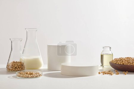 Téléchargez les photos : Verrerie de laboratoire remplie de lait de soja, d'huile et de graines de soja disposées avec des podiums blancs. Vue de face. Le soja (Glycine max) est un choix supérieur de protéines végétales - en image libre de droit