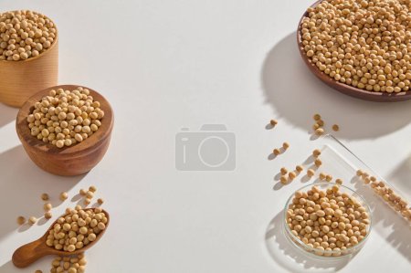 Photo for Wooden bowls and dish containing lots of soybean seeds arranged with a petri dish and test tube. Empty space in the middle to show your beauty product extracted from Soybean - Royalty Free Image