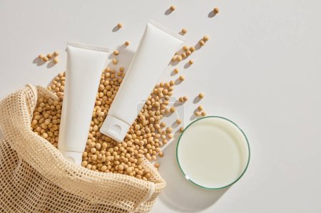 Photo for Soybean seeds and two unlabeled tubes displayed with a petri dish filled with soybean milk. White cosmetic tube for face cream, cleanser, body lotion or shampoo - Royalty Free Image