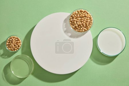 Photo for Flat lay of some glass petri dishes of soybean seeds, milk and oil displayed on green background with a round podium. Mock-up for exhibitions or presentation of cosmetic products or packaging - Royalty Free Image