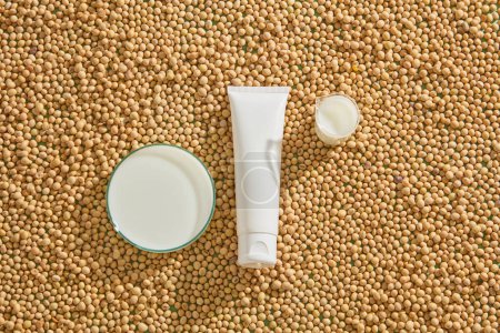 Photo for A petri dish and a beaker filled with soybean milk decorated with empty label tube on a pile of soybean seeds. Soybean (Glycine max) works wonders as a moisturizer - Royalty Free Image