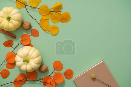 Photo for Concept of warm autumn or Thanksgiving day. Green background with pumpkins, dry branches leaves and brown notebook decorations. Ideas for design Autumn banner - Royalty Free Image