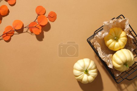 Foto de Composición plana de otoño con espacio para copiar, mini calabazas en la cesta trasera y hojas de naranja secas decoradas sobre fondo marrón. Espacio en blanco para el diseño. Vista superior - Imagen libre de derechos