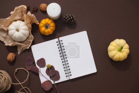 Photo for Product photography with a warm autumn vibe. Empty books, pumpkins, dried leaves and nuts are decorated on a dark brown background. Space for text, banner design or add meaningful thanksgiving wishes - Royalty Free Image