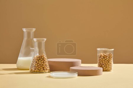Foto de Frascos Erlenmeyer, placa de Petri y un vaso de precipitados que contiene soja y leche arreglados con podios marrones. Maqueta para exposiciones o presentación de productos cosméticos o envases - Imagen libre de derechos