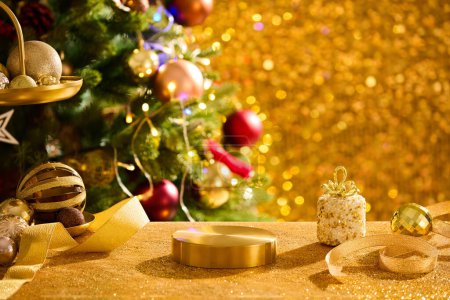 Photo for Round golden podium is surrounded by few ribbons and a two-tiers tray of baubles. Christmas is an annual festival commemorating the birth of Jesus Christ - Royalty Free Image