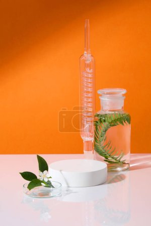 Photo for Orange background featured a condenser with a glass jar and petri dish of green leaves. Round podium for advertising. Science laboratory research and development concept - Royalty Free Image